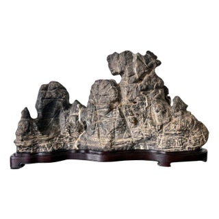 19th Century Large Chinese Horizontal Gray Lingbi Scholar Stone with Grotto on Display Stand For Sale