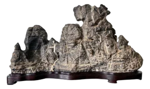 19th Century Large Chinese Horizontal Gray Lingbi Scholar Stone with Grotto on Display Stand