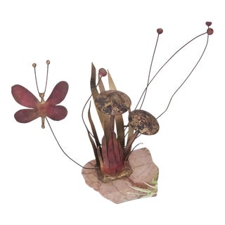 Vintage Metal Art Sculpture Mushroom Flower on Rock For Sale