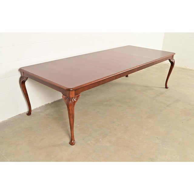 Baker Furniture Queen Anne Carved Cherry and Burl Wood Extension Dining Table, Newly Refinished For Sale - Image 15 of 15