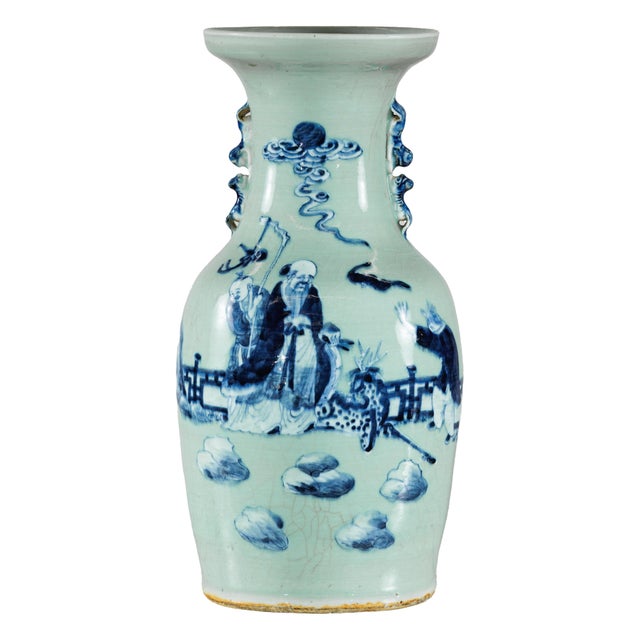 Ceramic Chinese Blue and White Porcelain Altar Vase With Immortal Figures and Celadon Tint For Sale - Image 7 of 18
