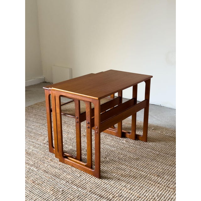 1960s Teak Nest of Tables with Rattan Shelf by Johannes Andersen for Silkeborg, 1960s, Set of 3 For Sale - Image 5 of 17