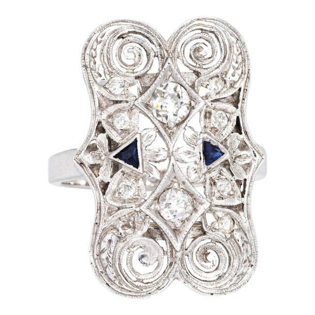 Vintage Art Deco Diamond Sapphire Ring 14k White Gold Filigree 6 Dinner Jewellery size 6 For Sale