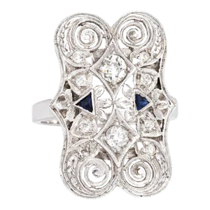 Vintage Art Deco Diamond Sapphire Ring 14k White Gold Filigree 6 Dinner Jewellery size 6