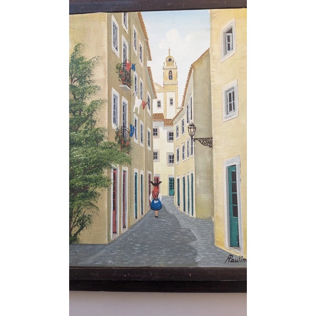 Painting of Girl on Lisbon Alfama Street By Antonio M. Paulino Signed. Rustic Hand-made Frame The wooden dark brown color...