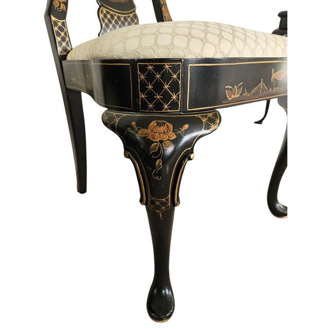 Vintage Custom Dining Room Side Chairs Chinoiserie Black Lacquer Pan Asian- a Pair For Sale - Image 9 of 11