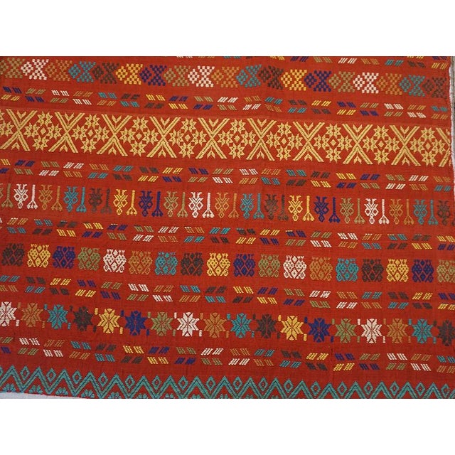 1920s Outstanding Red Background Color With Yellow-Blue Stripe Geometric Design Antique European Swedish Flat-Weave For Sale - Image 5 of 13