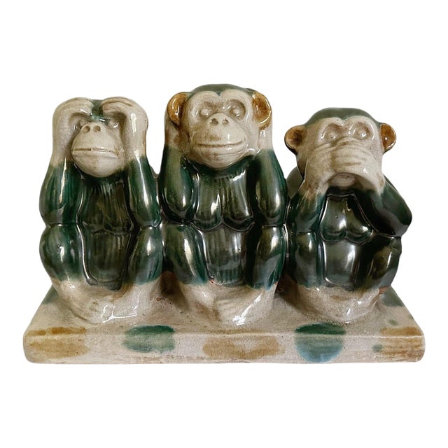 Large Vintage 1930s 3 Monkeys Majolica Pottery Figurine - See Hear Speak No Evil For Sale