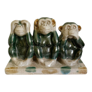 Large Vintage 1930s 3 Monkeys Majolica Pottery Figurine - See Hear Speak No Evil