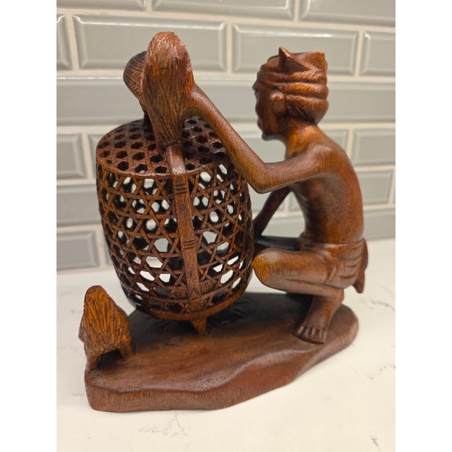 Large 8.5" Mid-Century Balinese Teak Cockfighter With Tripple-Rooster Openwork Cage Masterwork For Sale - Image 4 of 12