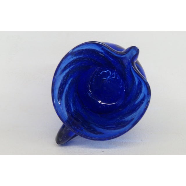Mid 20th Century Mid 20th Century Hand Blown Art Glass Mini Pitcher Small Creamer Cobalt Blue Swirl Pattern For Sale - Image 5 of 15