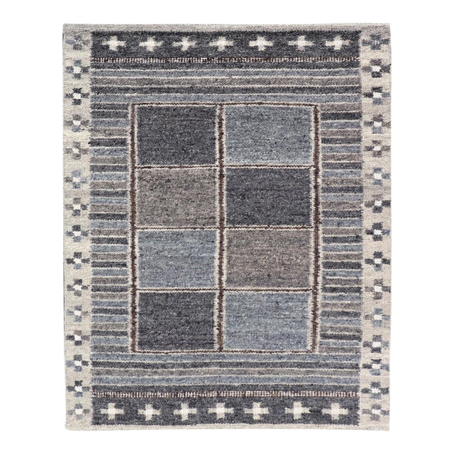 Modern Scandinavian/Swedish Design Rug in Blue, Charcoal, Gray and Cream For Sale
