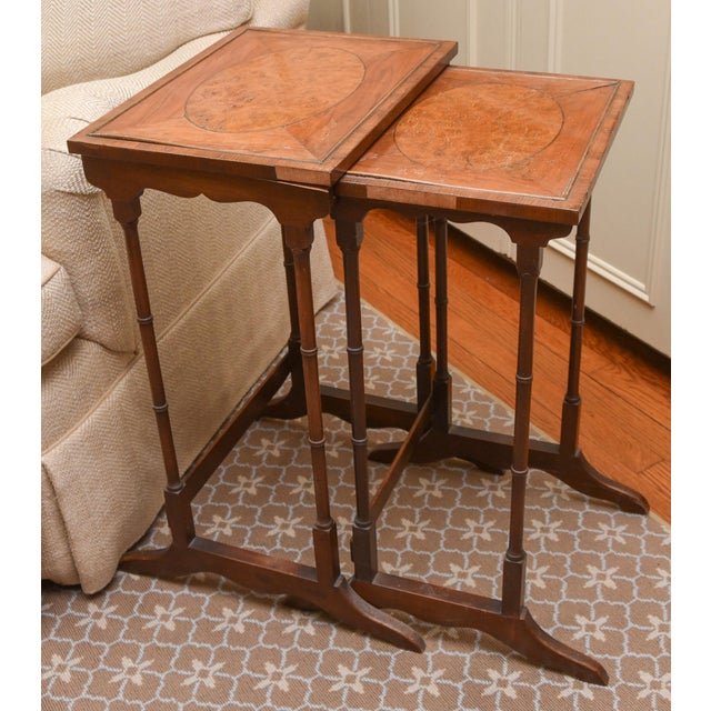 English Regency Revival Burl Wood & Inlaid Nesting Tables, Early 20th Century For Sale - Image 4 of 14