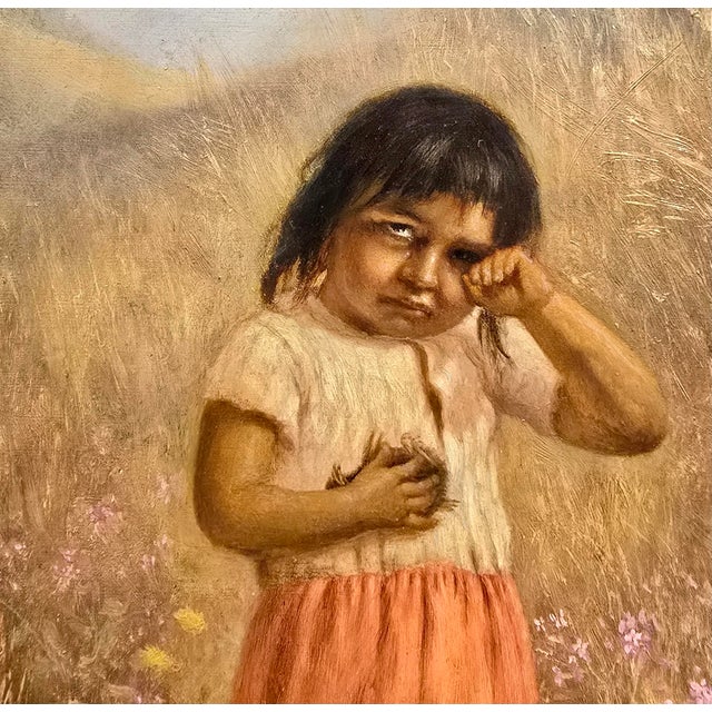 Wood Alice Coutts –Young Native American Pomo Girl W/Her Chicks-19th C. Oil Painting For Sale - Image 7 of 13