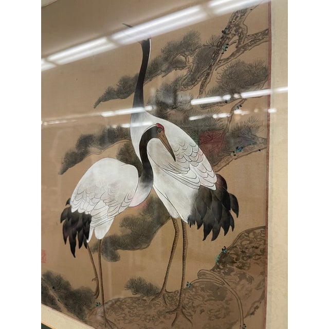 1970s Framed Asian Crane Bird Artwork With Red Seal, Double-Matted Wood Frame, Vintage Decorative Wall Art Reproduction For Sale - Image 5 of 5