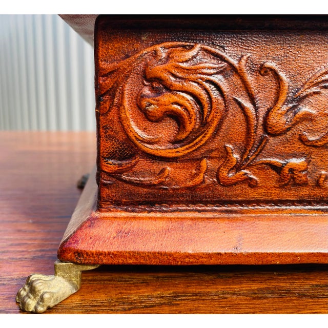 Handsome Vintage Tooled Leather Neopclassical Dresser Box For Sale - Image 9 of 11