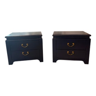 Vintage Pair Harrison Van Horn Grasscloth Navy Blue Pagoda Night Stands Chests For Sale