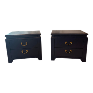 Vintage Pair Harrison Van Horn Grasscloth Navy Blue Pagoda Night Stands Chests