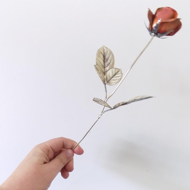Vintage Italian Handmade Sterling Silver 925 Long Stem Enameled Red Rose, Padua, Italy, 1970s For Sale - Image 6 of 18
