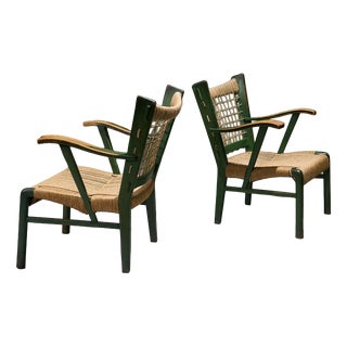 Green Lacquered Chestnut and Papercord I due forni Firenze Armchairs, Italy, Set of 2 For Sale