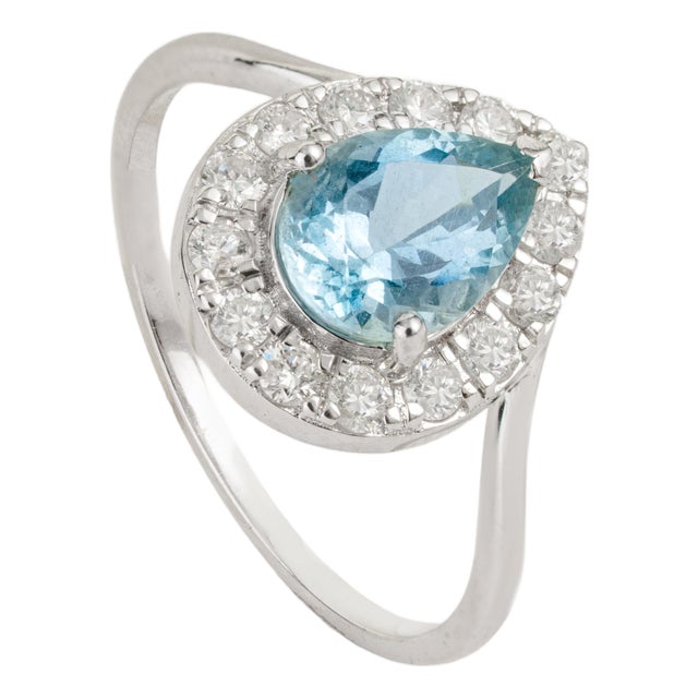 Art Deco 14k White Gold 1 Ct Aquamarine and Diamond Halo Cocktail Ring Size 4 For Sale
