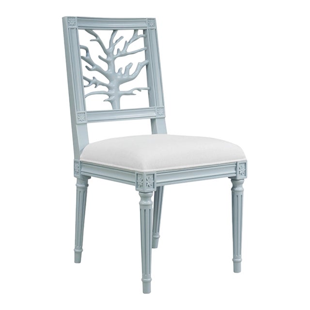 Matthew Izzo Home McKay Light Blue Lacquer Coral Design Dining Chair With White Linen Upholstered Seat For Sale