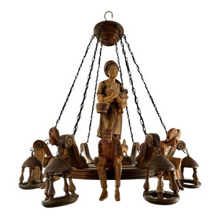 C1920's Antique Black Forest Folk Art French Alsatian Carved Wood Figural 6 Light Chandelier For Sale