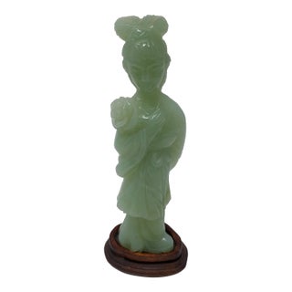 Late 20th Century Chinese Carved Jade Goddess Figure Holding a Lotus Flower on Wood Base 6" Tall For Sale