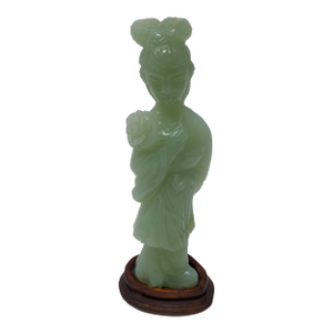 Late 20th Century Chinese Carved Jade Goddess Figure Holding a Lotus Flower on Wood Base 6" Tall