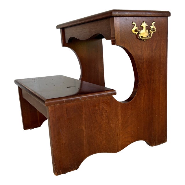 1980s Solid Wood Step Stool W/ Brass Handles-Georgian Style Bed/Library Step Stool-Cherry/Mahogany Finish-Display Shelves-Tiered Plant Stand For Sale