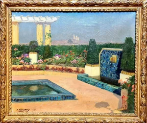 A Scottroy, View of Paris, Les Invalides and Sacre Coeur, Art Deco Garden, 1931, Oil on Canvas