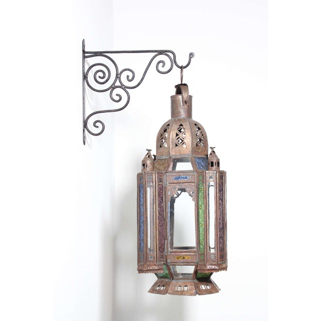 Bronze Handcrafted Moroccan Tole and Glass Lantern, Moorish Style, 1960 For Sale - Image 8 of 17