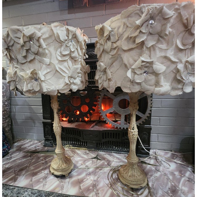 2010s Set of 2 Contemporary Shabby Chic Candlestick Table Lamps With Textured Fabric Flower Shades Cottage Couture For Sale - Image 5 of 9