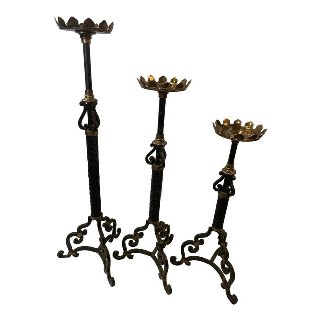 2000s Maitland-Smith Iron and Brass Large Candlesticks- Set of 3 For Sale