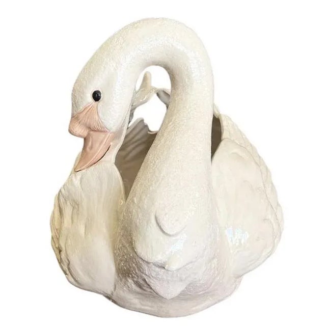 Hollywood Regency Large Vintage White Ceramic Swan Vase For Sale - Image 3 of 6