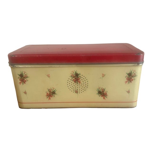 Vintage Mid-Century Floral Tin Bread Box With Red Lid For Sale