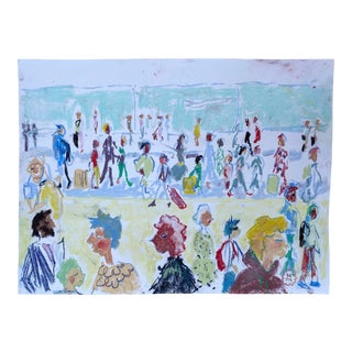 Happy Menocal "At the Airport" Original Gouache and Pastel Work on Paper, Contemporary Illustration For Sale