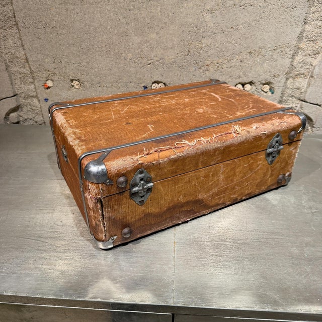Weathered Brown Vintage Suitcase With Metallic Latches Industrial For Sale - Image 16 of 16