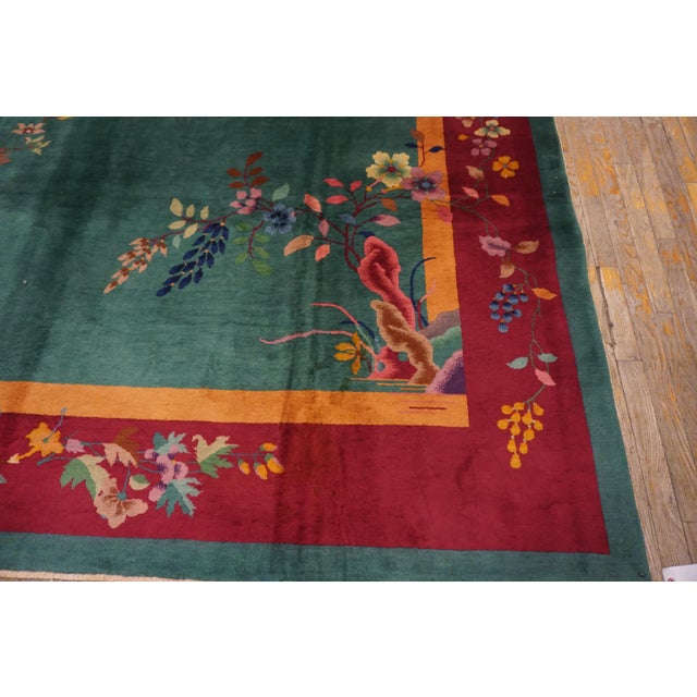 Textile 1920s Green Floral Antique Chinese Art Deco Rug 9' X 11'8" Handknotted Wool Carpet For Sale - Image 7 of 13
