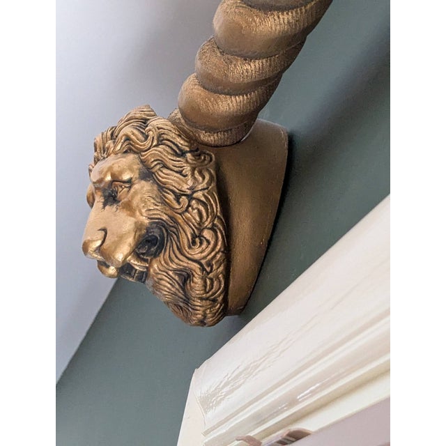Set of Heavy Carved Wood Curtain Rods, Finials & Lion Head Brackets, 10 Pieces For Sale - Image 4 of 12