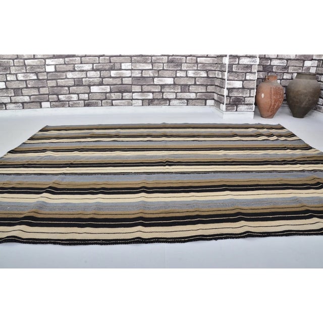 Vintage Turkish Flatweave Kilim Rug - Modernist Wabi-Sabi Striped Wool Rug For Sale - Image 11 of 11
