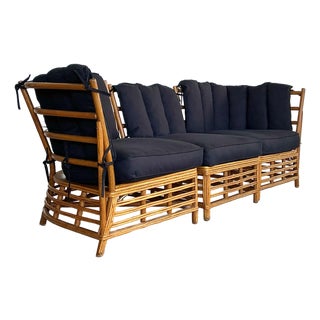Vintage Coastal Stick Rattan 3 Seat Sofa For Sale