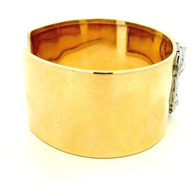 Metal 1930s Art Deco Diamond Platinum & 14k Gold Wide Marriage Cuff Bracelet For Sale - Image 7 of 15