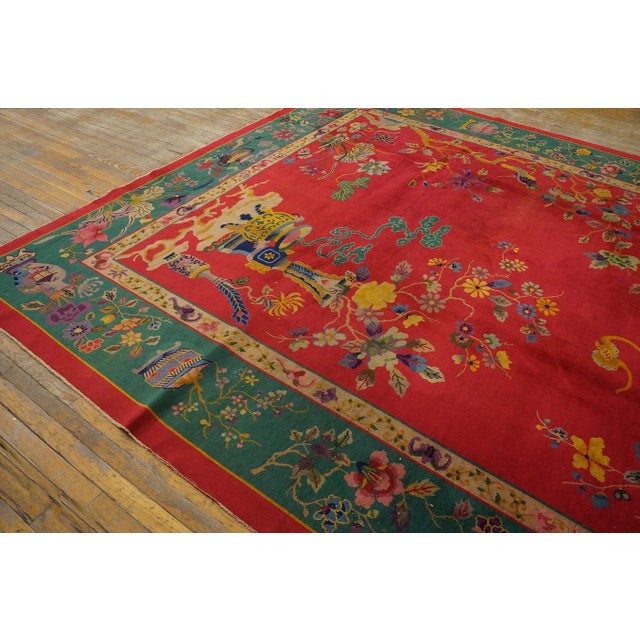 1920s 1920s Red Floral Vase Antique Chinese Art Deco Carpet 9' X 11' 8'' Handknotted Wool Rug For Sale - Image 5 of 9