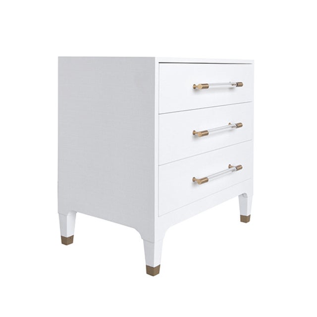 Contemporary Matthew Izzo Home Amber White Textured Linen Three Drawer Side Table With Acrylic and Antique Brass Drawer Pulls and Ferrules For Sale - Image 3 of 8