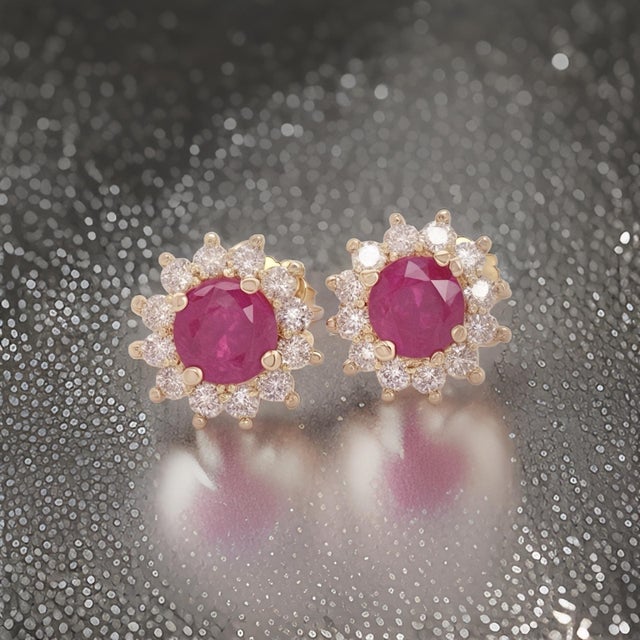 Metal Natural Ruby Diamond Earrings 14k Yellow Gold 2.20 TCW Certified For Sale - Image 7 of 16