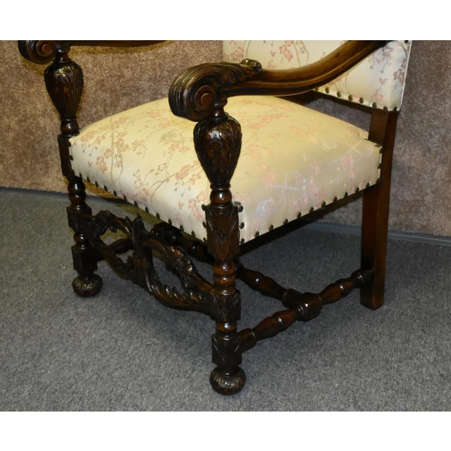 Antique White Carved Walnut Armchair French Style High Back Vintage Upholstered Floral Chair For Sale - Image 8 of 13