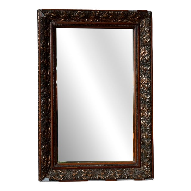 Antique Bohemian Mirror in Embossed Metal Frame with Oak Leaves, 1950s For Sale