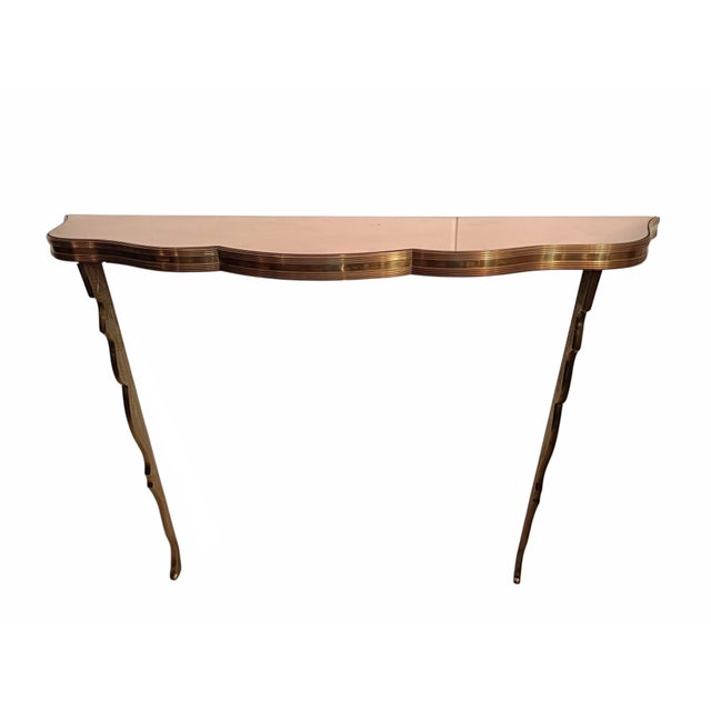 Brass Wall-Mounted Console Table with Pink Glass Top, Italy, 1940s For Sale - Image 12 of 12