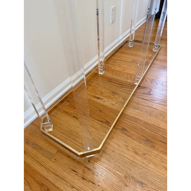 Hollywood Regency Console Table Lucite Pillars Brass Frame in the Manner of Charles Hollis Jones For Sale - Image 11 of 17